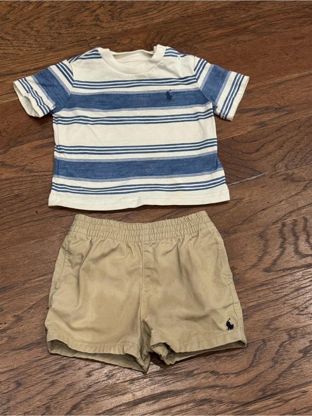 Ralph Lauren Cream & Blue Striped Short Sleeve Tee with Tan Shorts